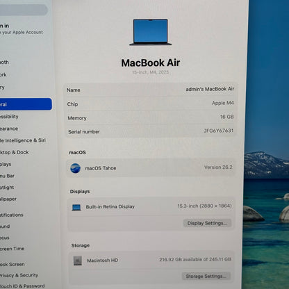 2025 Apple MacBook Air 15" M4 10C GPU 4.5GHz 16GB RAM 256GB SSD A3241