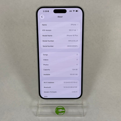 Factory Unlocked Apple iPhone 16 Plus 128GB White MXUU3LL/A
