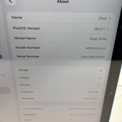 WiFi Only Apple iPad 11" (A16) 128GB Blue MD4A4LL/A