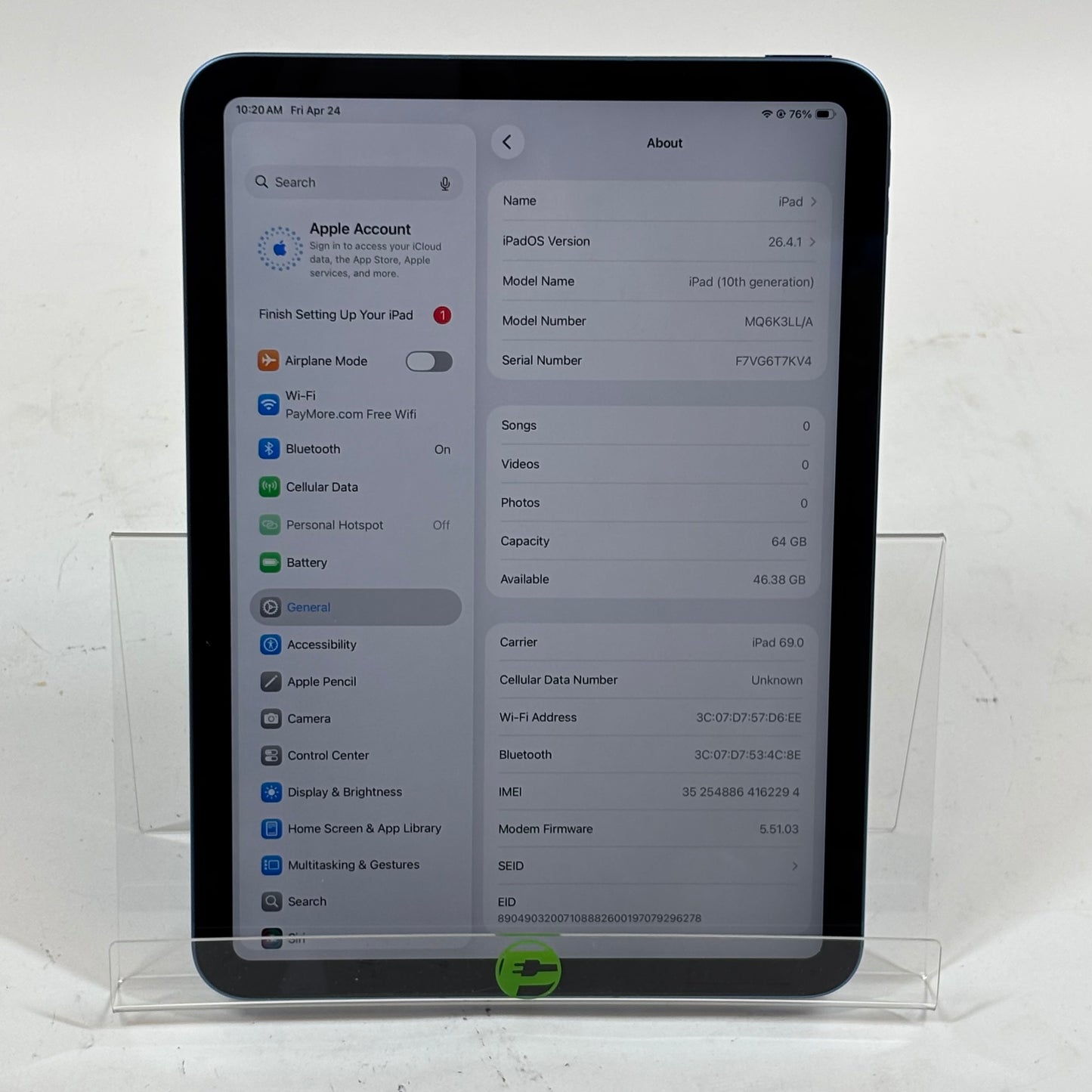 WiFi Only Apple iPad 10th Gen 64GB Blue MQ6K3LL/A