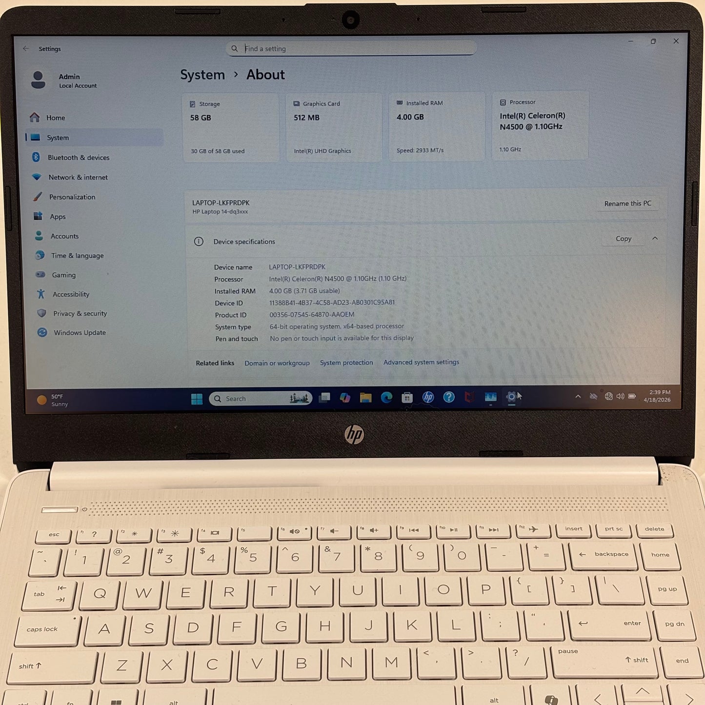 HP Laptop 14-DQ3000DX 14" Intel Celeron N4500 1.1GHz 4GB RAM 64GB HDD