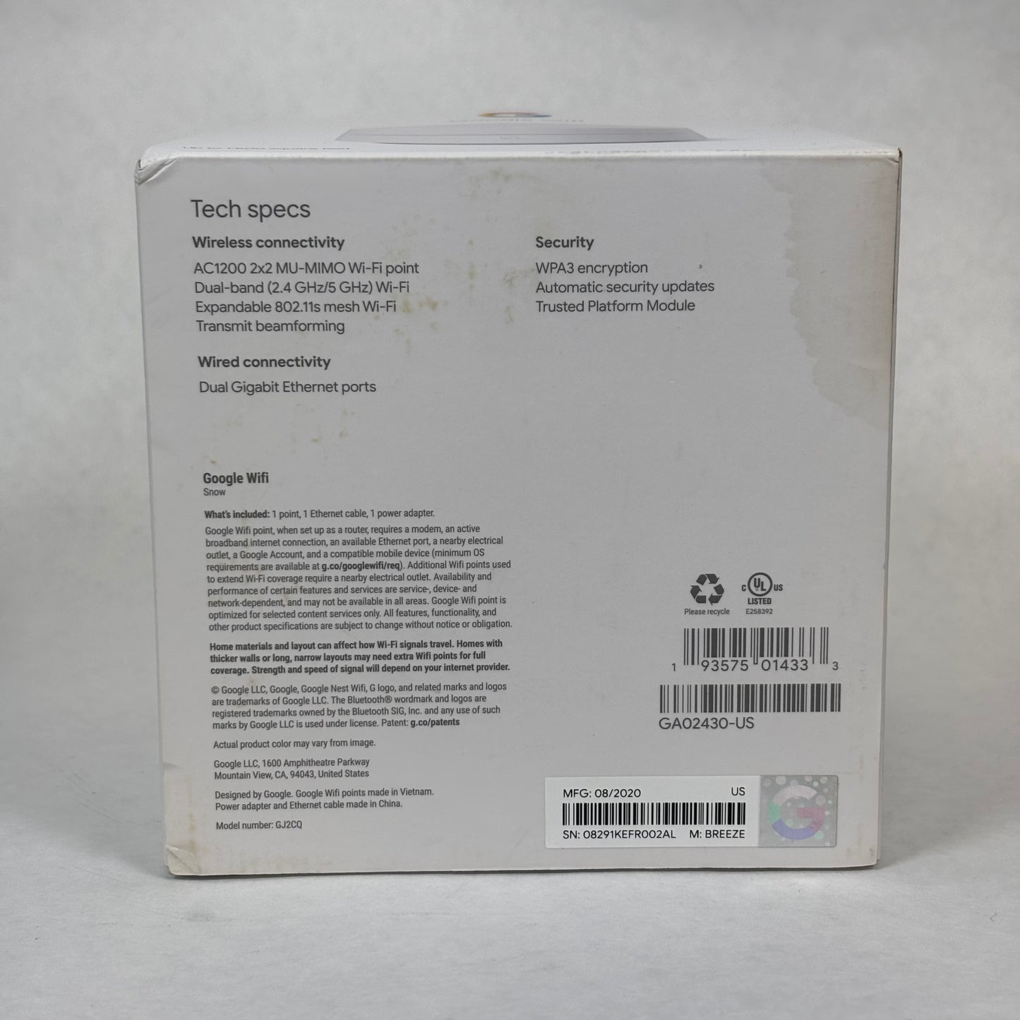 Google Wifi Dual Band WiFi 5 AC1200 Mesh Wifi Router GJ2CQ