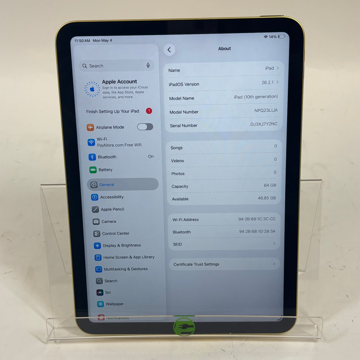 WiFi Only Apple iPad 10th Gen 64GB Yellow NPQ23LL/A